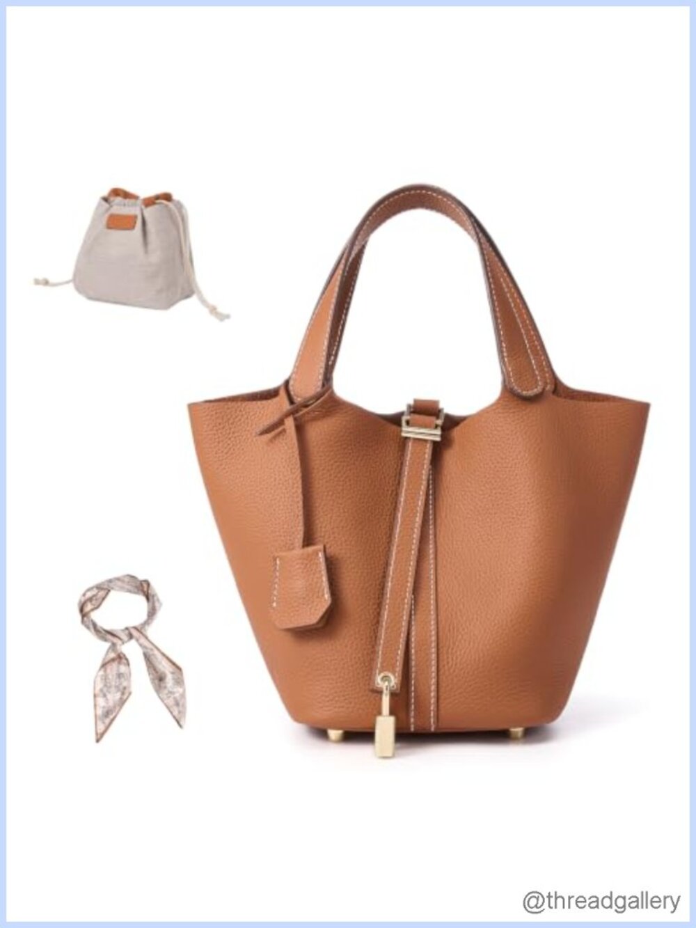 Genuine Leather Bucket Bag Lock Design Top Handle Satchel Handbag